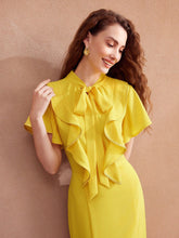 MOTF PREMIUM WOVEN TIE NECK RUFFLE TRIM DRESS FOR WOMEN
